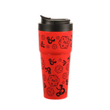 Red travel mug with black dice and D&D logo designs