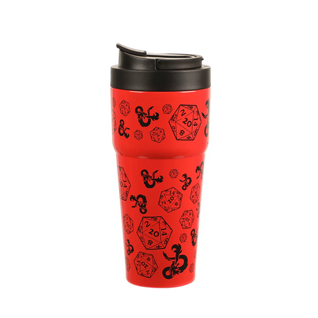 Red travel mug with black dice and D&D logo designs