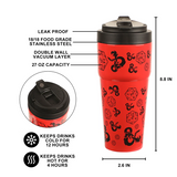 Red travel mug with black dice and D&D logo designs, showing features