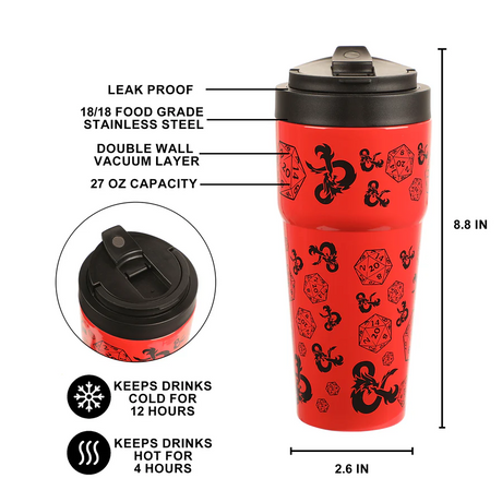 Red travel mug with black dice and D&D logo designs, showing features