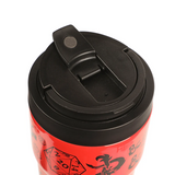 Red travel mug with black dice and D&D logo designs, showing black lid