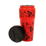 Red travel mug with black dice and D&D logo designs, shown open