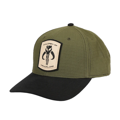 Green baseball cap with a patch featuring the Mandalorian emblem and phrase "Children of Mandalore"
