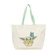Tote bag with pale green handles and chibi Grogu with butterfly from The Mandalorian