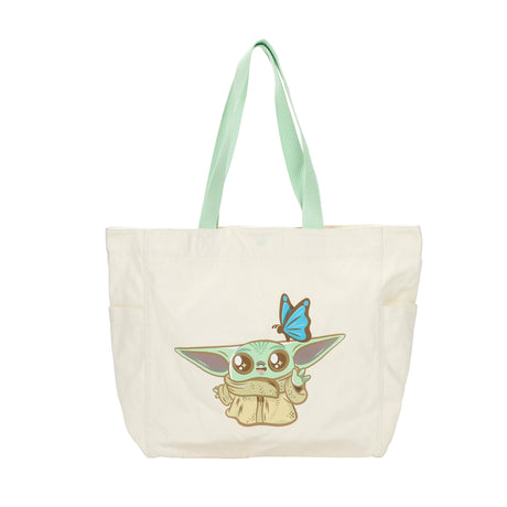 Tote bag with pale green handles and chibi Grogu with butterfly from The Mandalorian