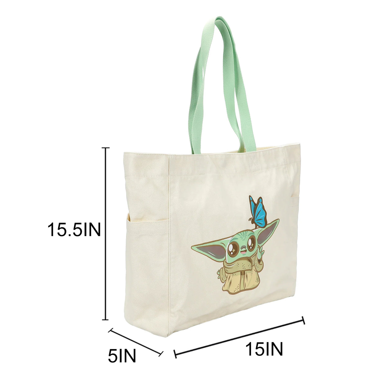 Tote bag with pale green handles and chibi Grogu with butterfly from The Mandalorian, showing sizes