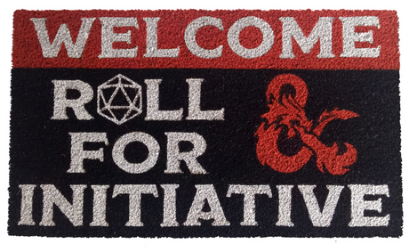 Coir doormat in red, white and black reading "WELCOME" and "ROLL FOR INITIATIVE" with the Dungeons & Dragons ampersand logo