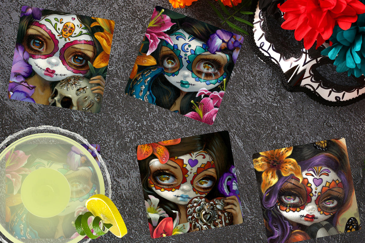 Set of 4 coasters with sugar skull day of the dead ladies
