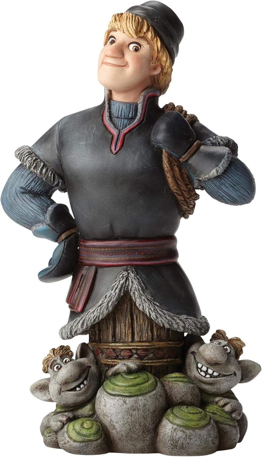 Figurine of Kristoff from Disney's Frozen, showing his bust surrounded by friendly stone trolls