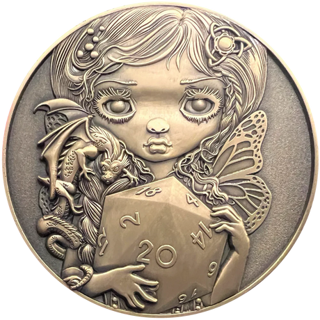 collectible metal coin with Jasmine Becket-Griffith's 20 Sided Dice, Fairy, and dragon