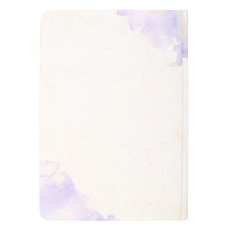 Back of journal cover with purple accents on white