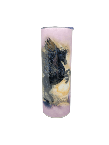 Black rearing Pegasus on pink background, barista tumbler hot/cold travel mug. Art by Jody Bergsma
