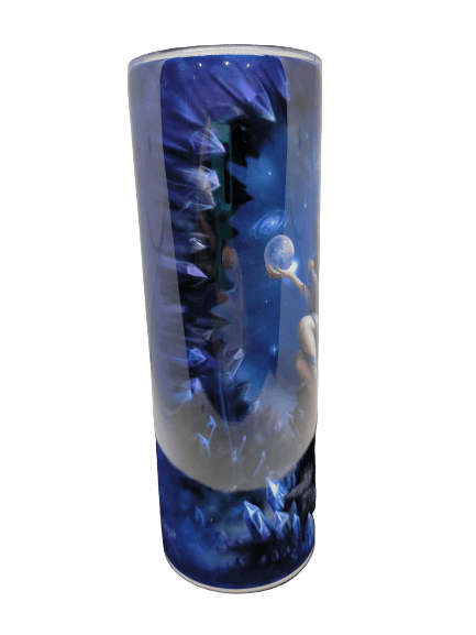 Blue fairy holding crystal ball with crystals and galaxy on a barista travel tumbler hot/cold mug. Art by Anne Stokes