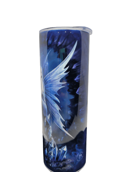 Blue fairy holding crystal ball with crystals and galaxy on a barista travel tumbler hot/cold mug. Art by Anne Stokes