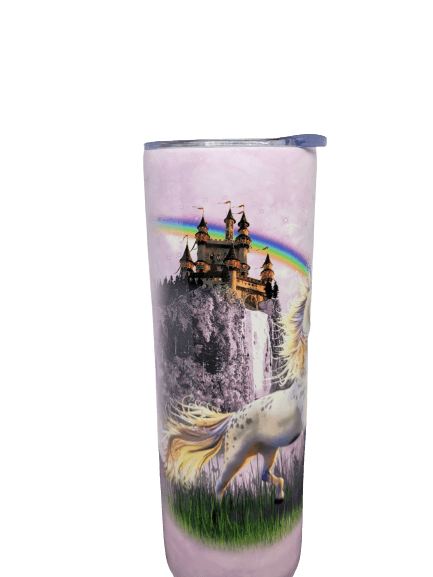 Unicorn, rainbow and castle on pink background on barista travel tumbler mug