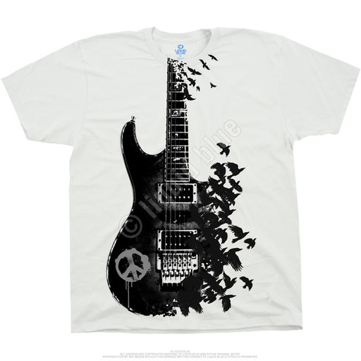 White t-shirt with black guitar dissolving into crows