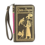 Book-shaped wallet with 'Queen of Dragons' design in brown and gold