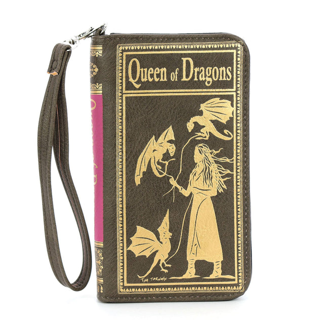 Book-shaped wallet with 'Queen of Dragons' design in brown and gold