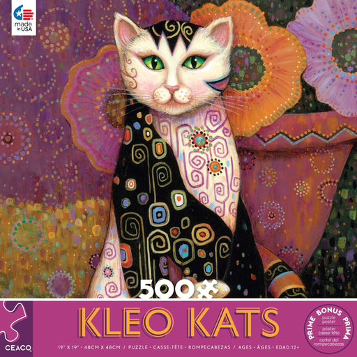 500 piece puzzle by Marjorie Sarnat, Kleo Kats - black and white cat with rainbow patterns sitting in front of flowers