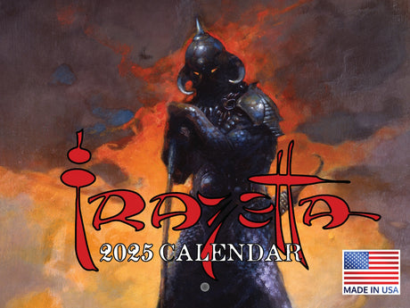 Frazetta 2025 wall calendar front cover with dark knight