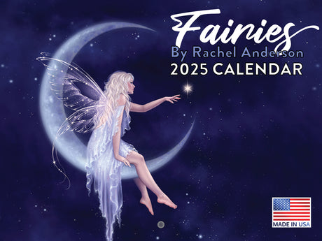 Front of the Fairies by Rachel Anderson 2025 calendar showing pixie perched on crescent moon reaching for a star
