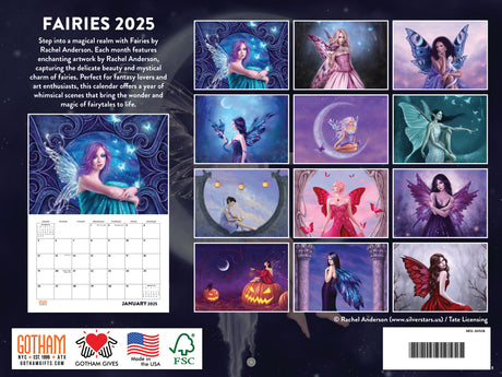 Back of the 2025 Fairies by Rachel Anderson calendar showing all twelve months and their pixie art