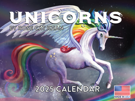 Front cover of the 2025 Unicorns by Rose Cat Khan calendar with rainbow mane and tail winged unicorn