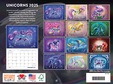 Back of Unicorns calendar by Rose Khan showing all twelve months and their art