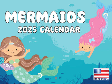 Mermaids 2025 Calendar showing a brunette and pinkhaired pastel mermaid under the sea, Made in USA