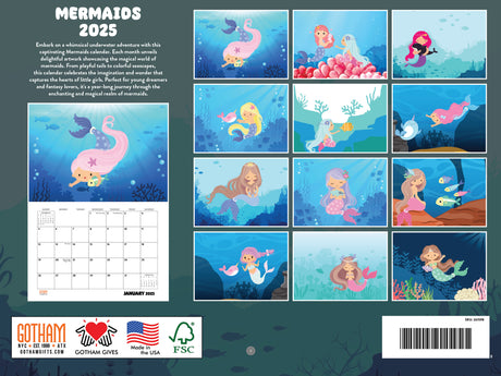 Mermaids 2025 calendar showing the back with monthly examples
