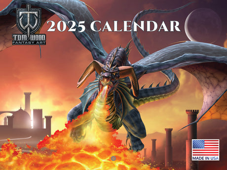 Front cover of the 2025 Tom Wood Fantasy Art calendar with a dragon breathing fire