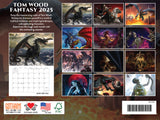 Back cover of 2025 Tom Wood Fantasy Art wall calendar showing each month and its art
