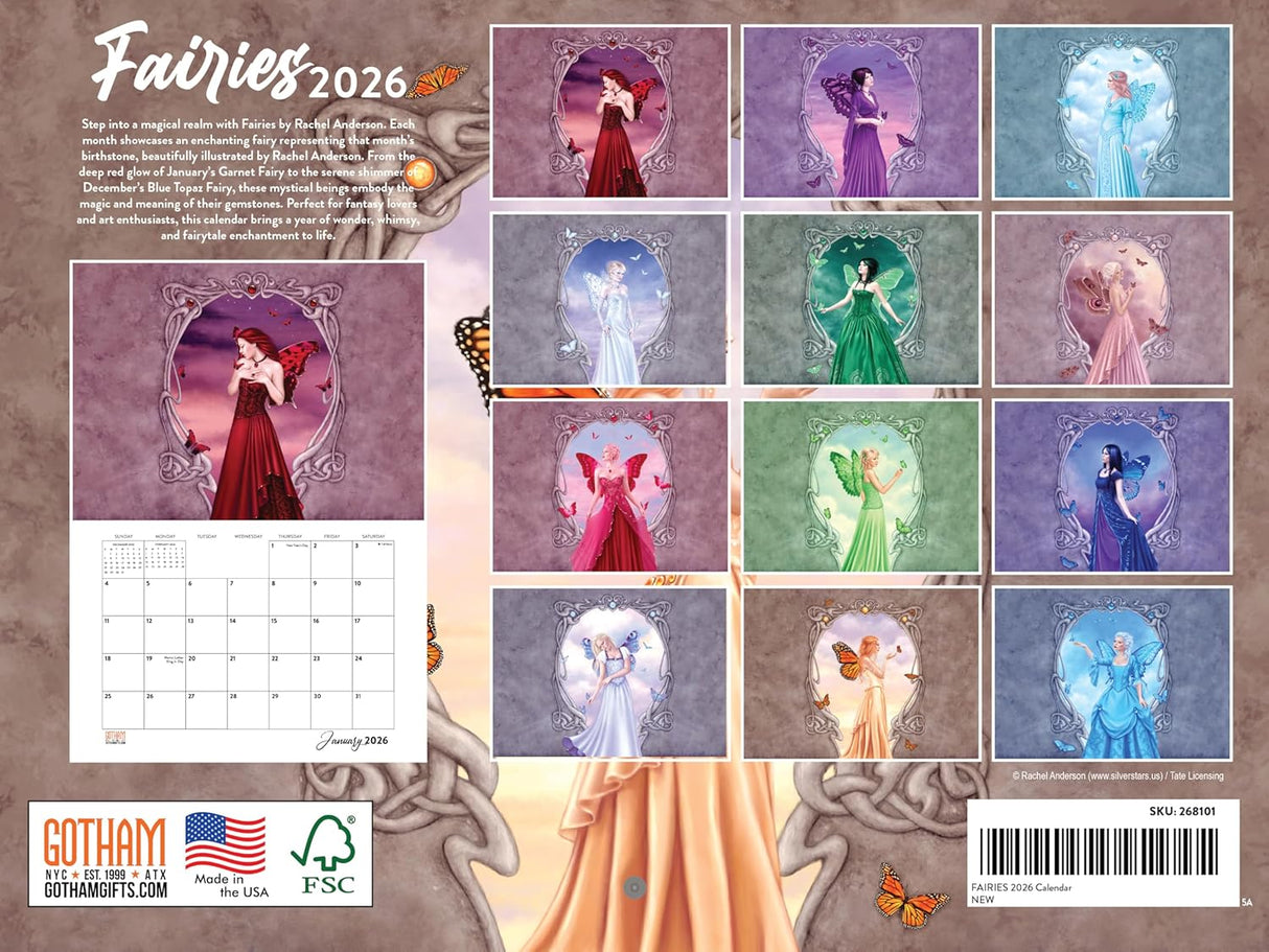 Calendar back cover with fairies illustrations and Gotham brand logo