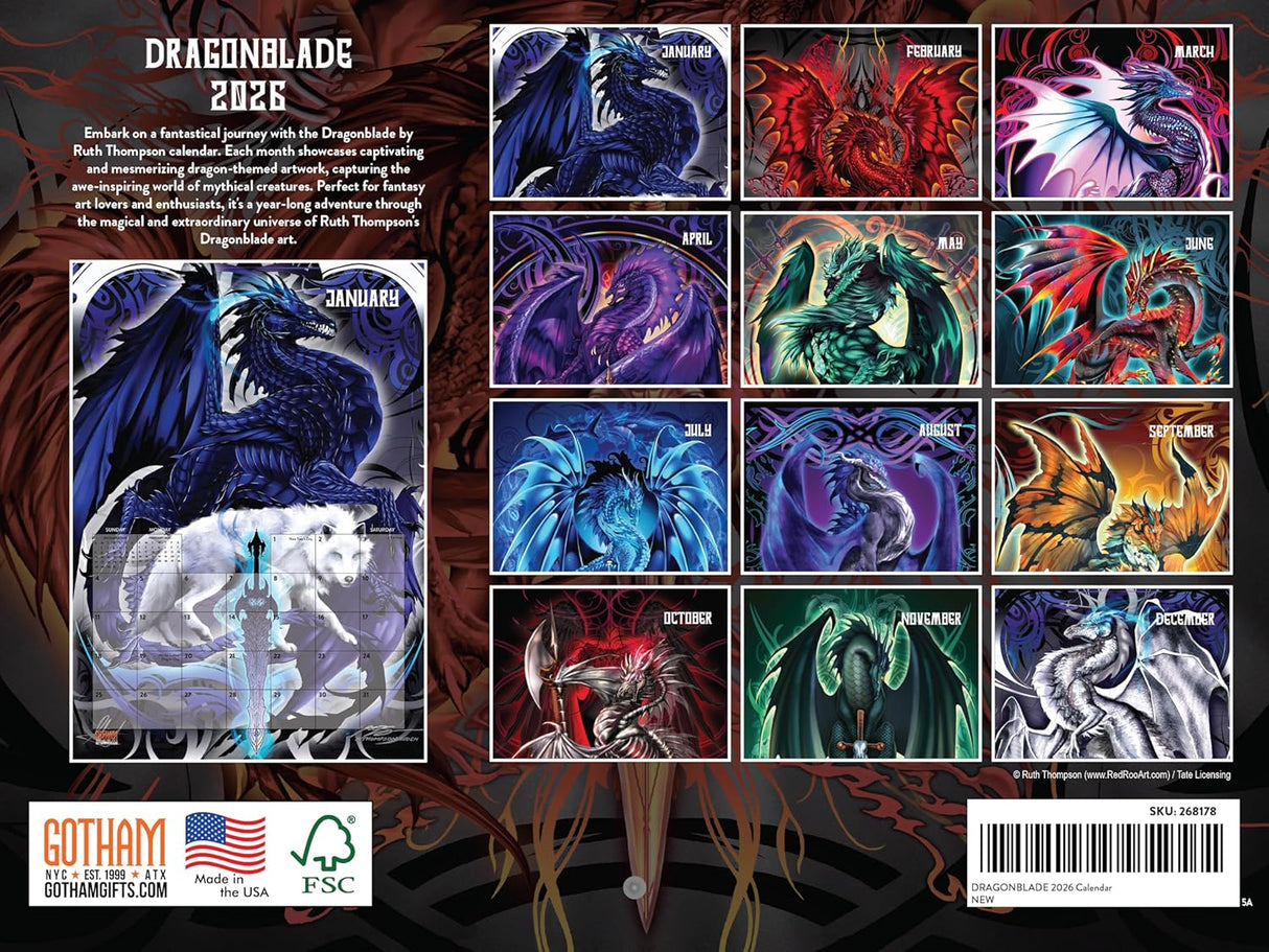 Dragon-themed calendar with various dragon illustrations by Ruth Thompson, back cover
