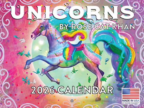 2026 calendar cover with a colorful unicorn design by Rose Cat Khan