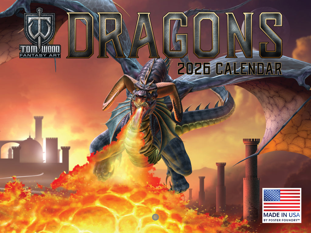2026 calendar cover with a dragon and fiery background, featuring Tom Wood Fantasy Art logo.