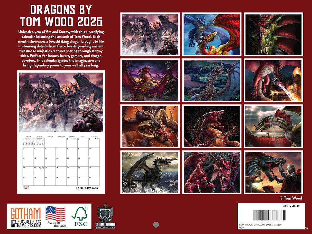Calendar back cover featuring artwork of dragons by Tom Wood with a red background