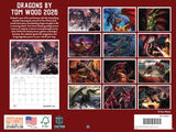 Calendar back cover featuring artwork of dragons by Tom Wood with a red background