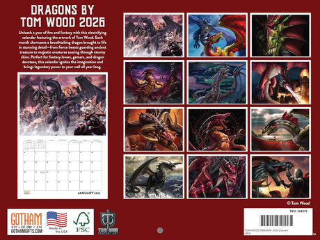 Calendar back cover featuring artwork of dragons by Tom Wood with a red background