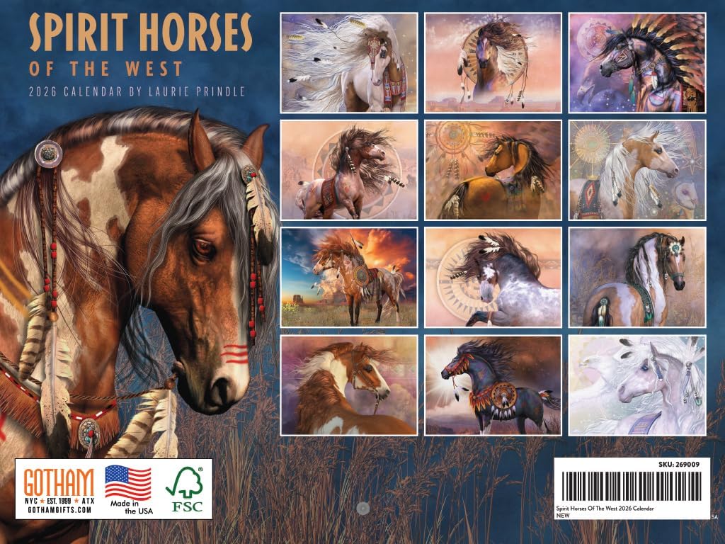 Calendar back cover for 'Spirit Horses of the West' featuring illustrations of horses by Laurie Prindle