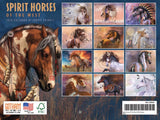 Calendar back cover for 'Spirit Horses of the West' featuring illustrations of horses by Laurie Prindle