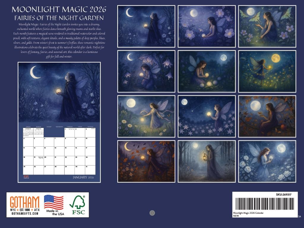 Calendar back cover with illustrations of fairies and moonlight