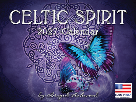 2027 Celtic Spirit Wall Calendar by Brigid Ashwood Wall Calendar front cover with purple knotwork and butterfly