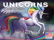 2027 Unicorns wall calendar by Rose Cat Khan front cover with rainbow maned flying unicorn