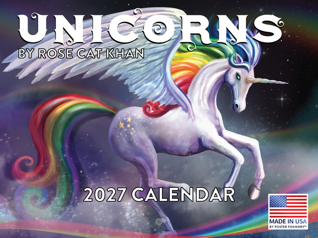 2027 Unicorns wall calendar by Rose Cat Khan front cover with rainbow maned flying unicorn