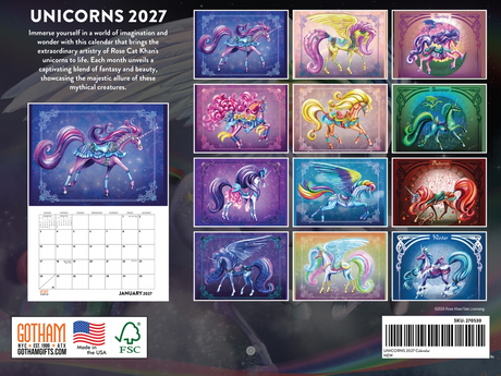 2027 Unicorns wall calendar by Rose Cat Khan back cover showing all images