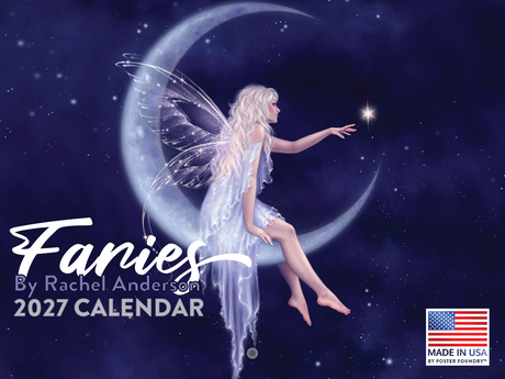 2027 Fairies by Rachel Anderson wall calendar front cover with fairy perched on the moon