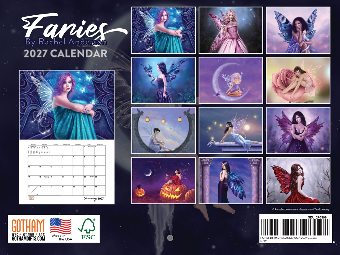 2027 Fairies by Rachel Anderson wall calendar back cover showing all images