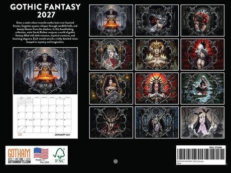 2027 Gothic Fantasy wall calendar by Sarah Richter back cover showing all images