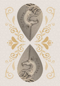 Back of card art with unicorn teardrop design